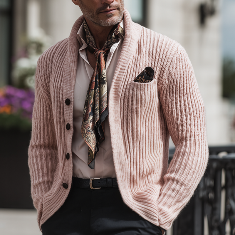 Men's Retro Light Pink Stand Collar Button Knit Cardigan MTA2331I3U