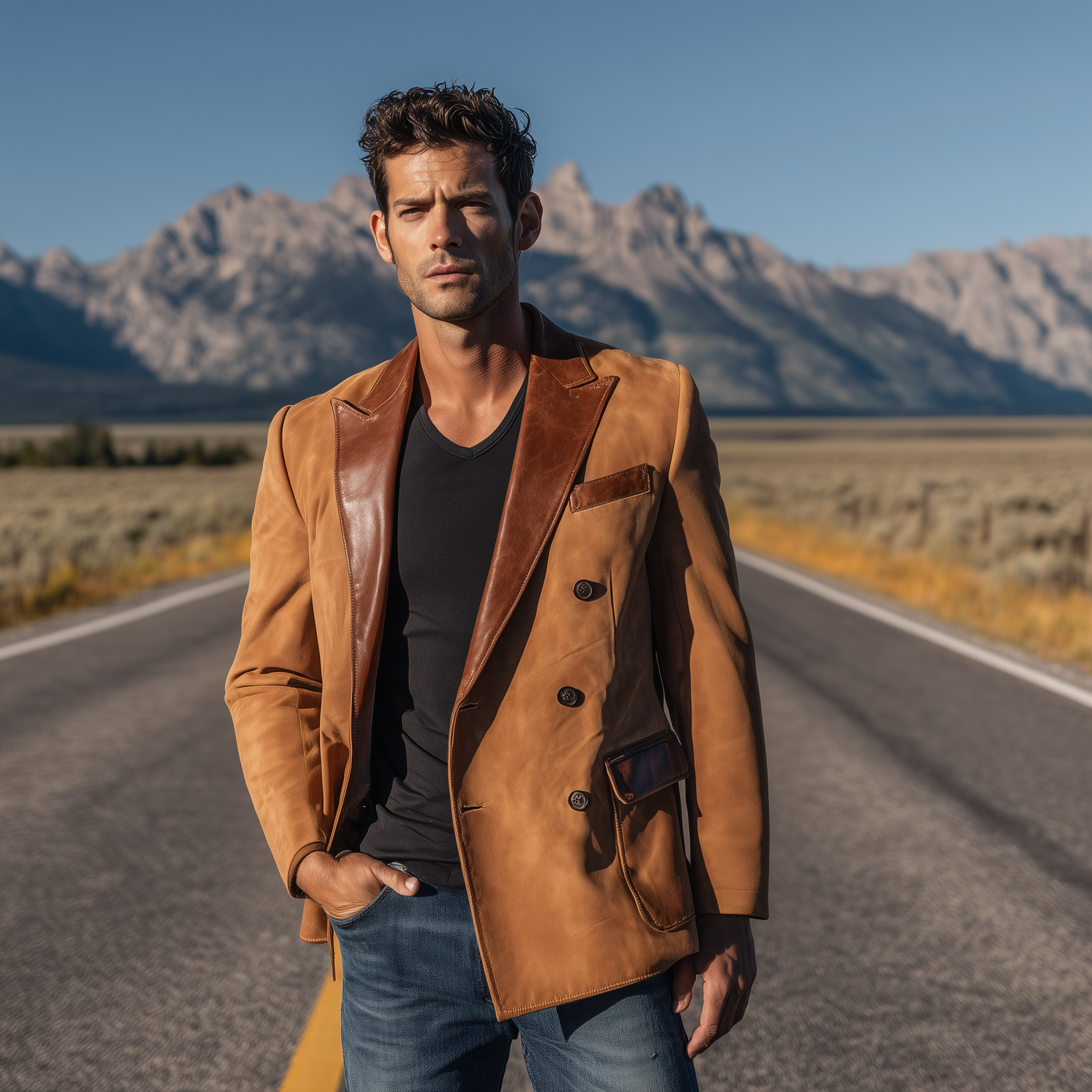 Men's Classic Retro Western Cowboy Style Suede Double-breasted Collar Splicing PU Leather Slim-fit Blazer MTA0522H1K