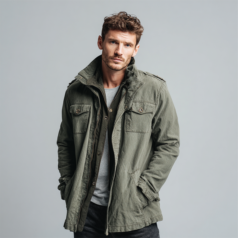 Men's Vintage Washed Denim Stand Collar Mid-length Coat MTA0549H7X