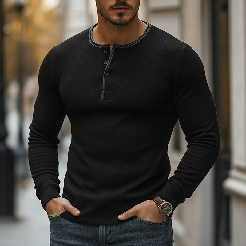 Men's Vintage-style PU Faux Leather Trimmed Long-sleeved Knitted Henley Shirt MTA2574L4P