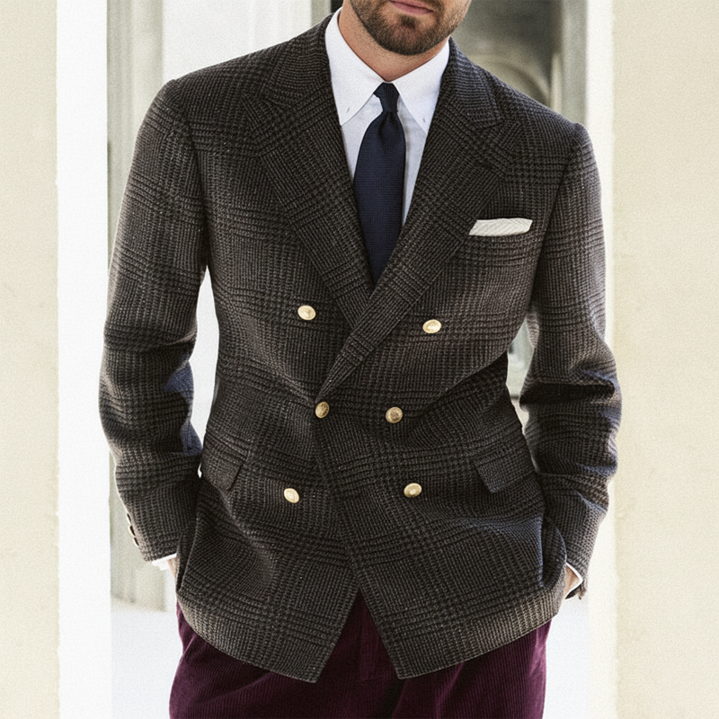 Men's Classic Plaid Faux Wool Double-breasted Single-vented Blazer MTZ0438A5U