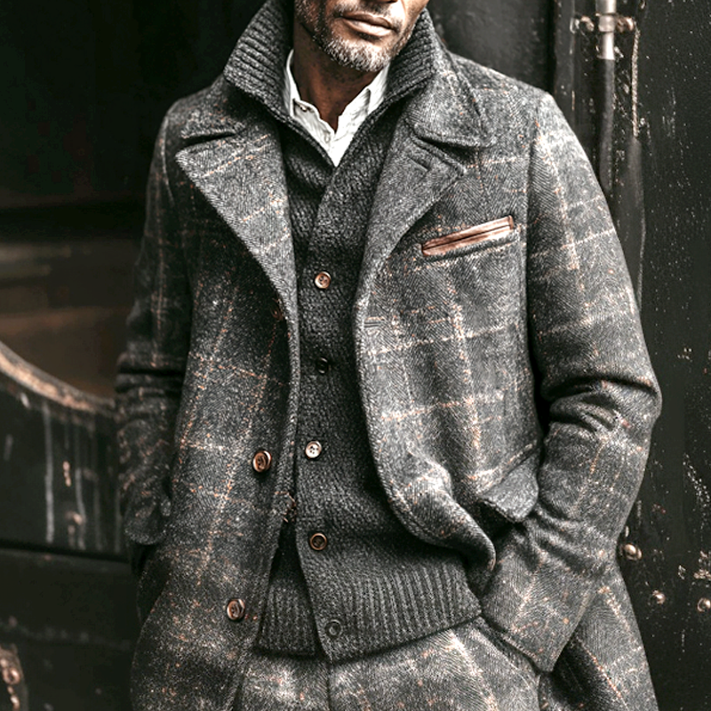 Men's Faux Wool Check Lapel PU Splicing Chest Pocket Mid-length Coat MTA1089I0Z