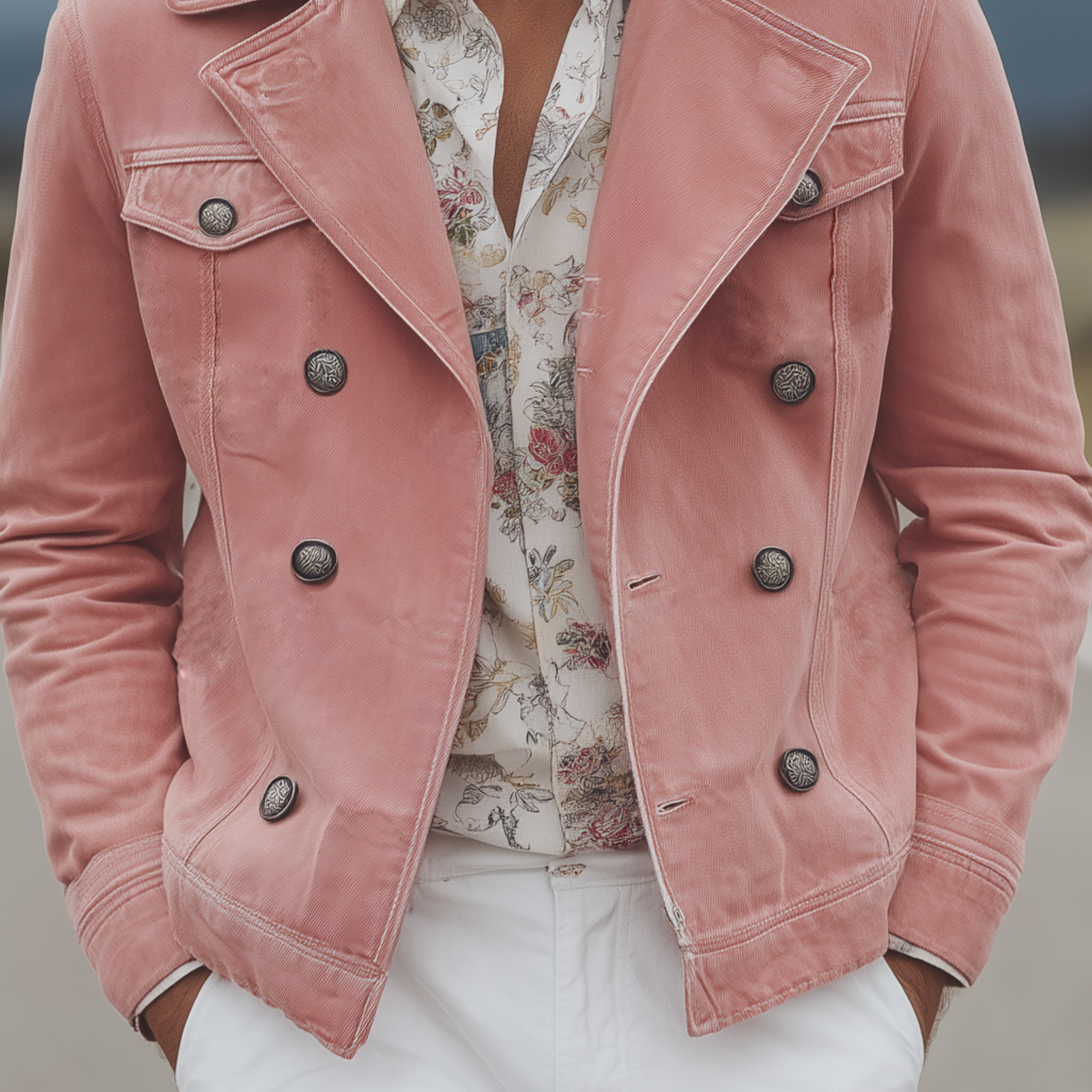 Men's Classic Western Vintage Lapel Washed Pink Denim Double Breasted Jacket MTA0309I2K