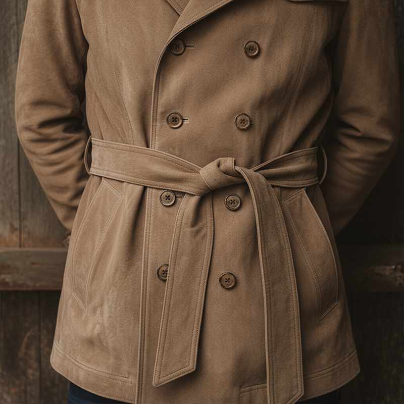 Men's Winter Vintage Double-Breasted Faux Suede Jacket (Includes Belt) MTA1488J0P