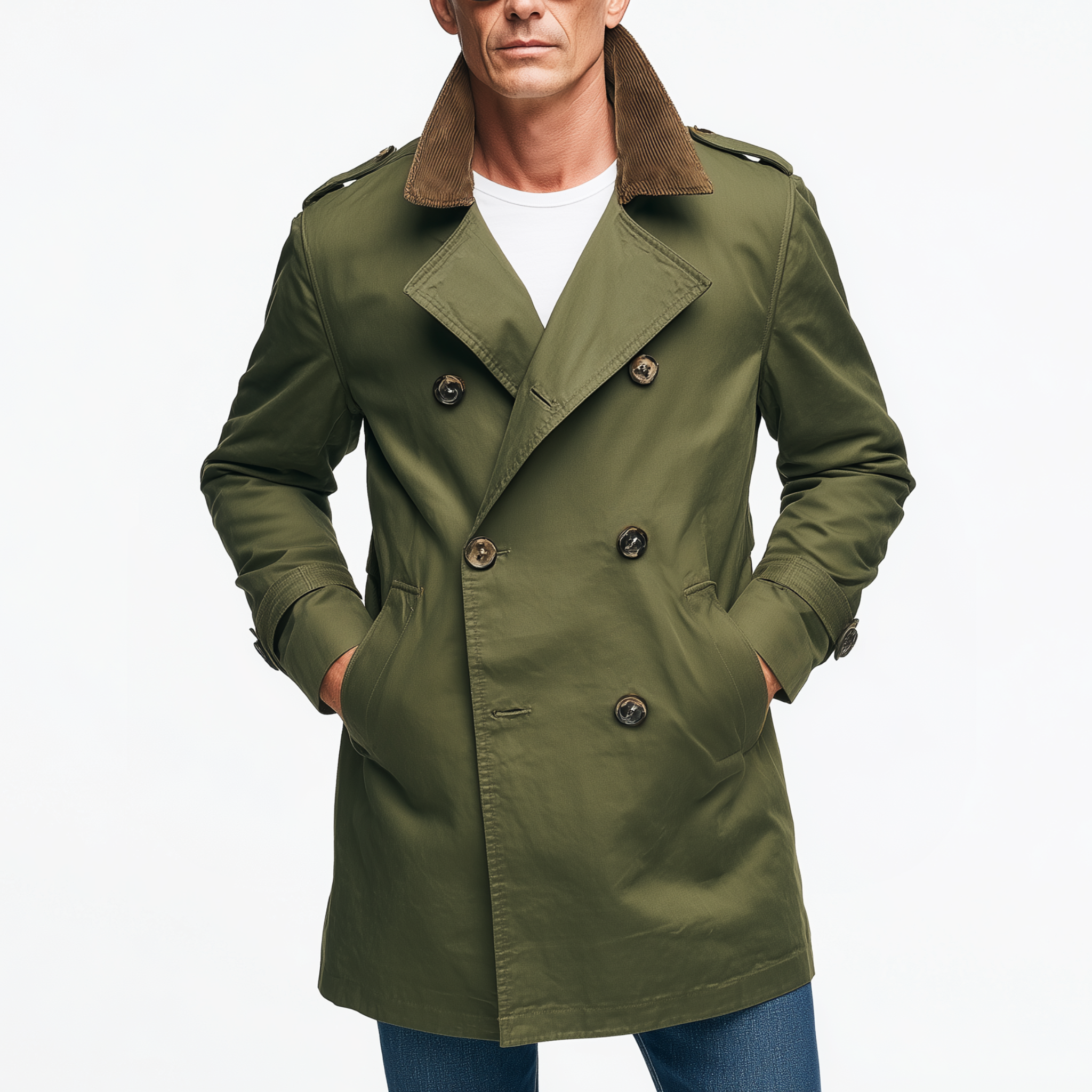 Men's Classic Casual Corduroy Lapel Double-breasted Twill Cotton Thigh-length Trench Coat MTA1397H9K