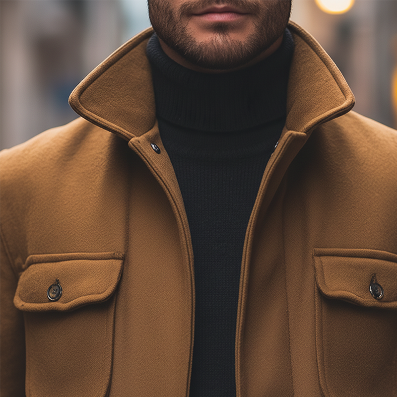 Men's Winter Retro Solid Color Faux Wool Multi-pocket Stand Collar Coat MTA0356K7P