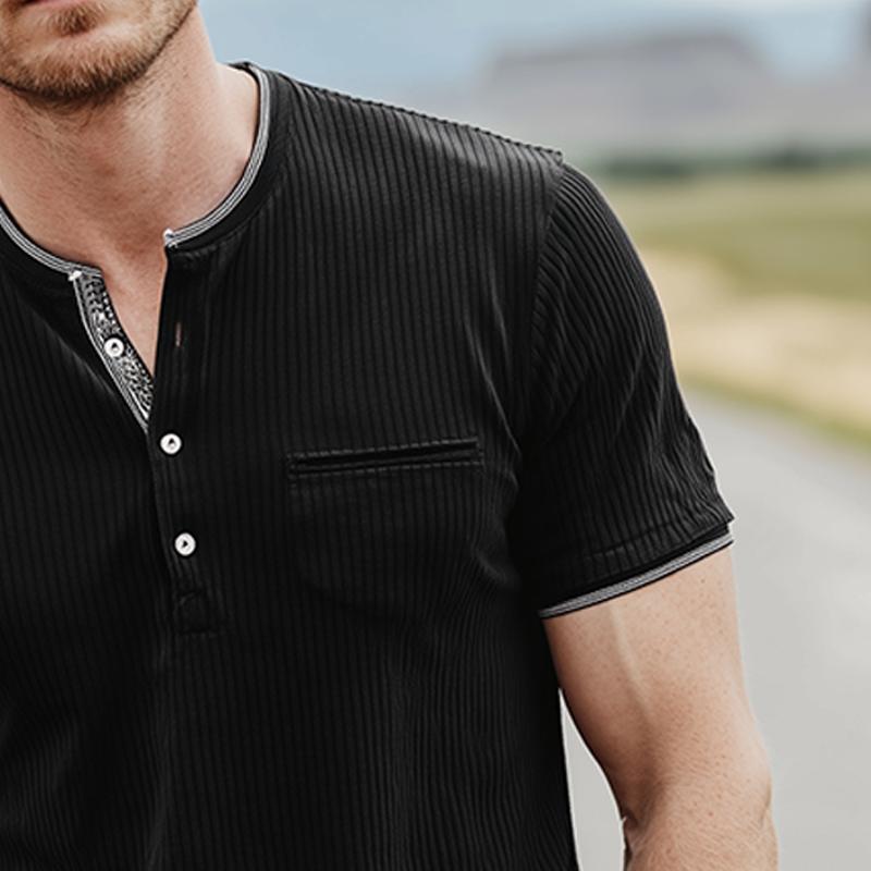 Men's Spring And Summer Classic Casual Henley Collar Striped Textured Fabric Slim Fit Short Sleeve T-shirt MTA1145G1K