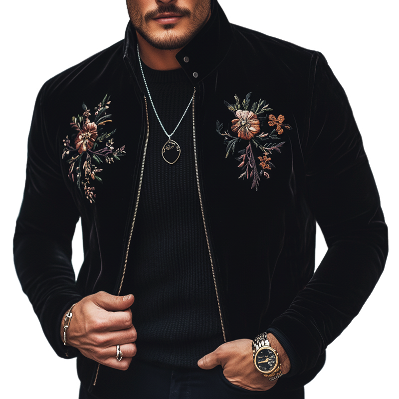 Men's Vintage Floral Embroidered Stand-collar Velvet Zip-up Jacket MTA0852L0U