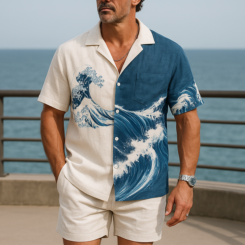 Men's Summer Fashion Wave Printed Cotton And Linen Short Sleeve Shirt MTA1062F7P