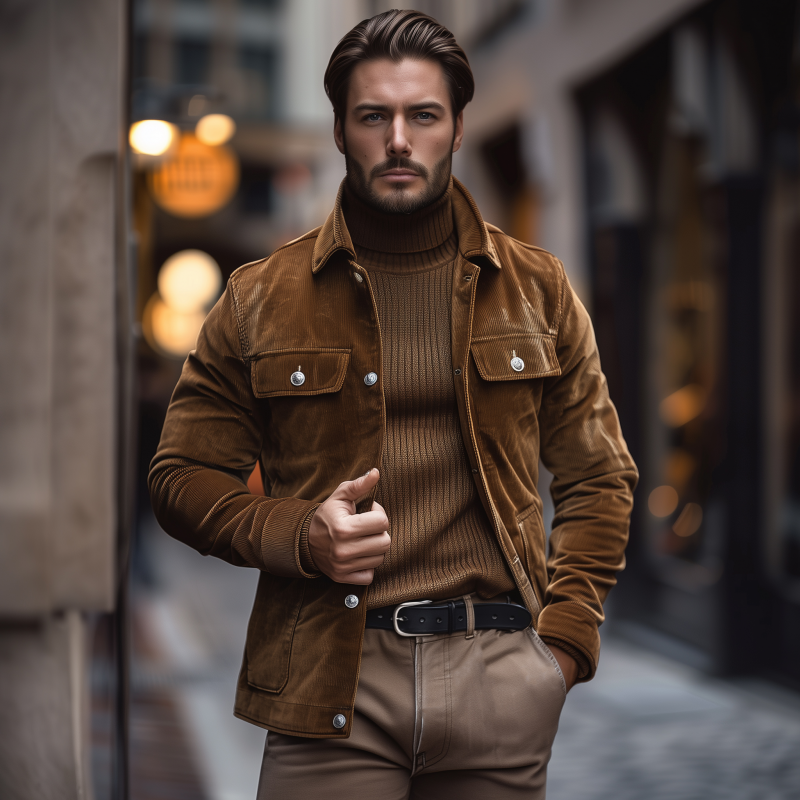 Men's Casual Solid Color Corduroy Lapel Single-breasted Slim-fit Cargo Jacket MTA3149G3M