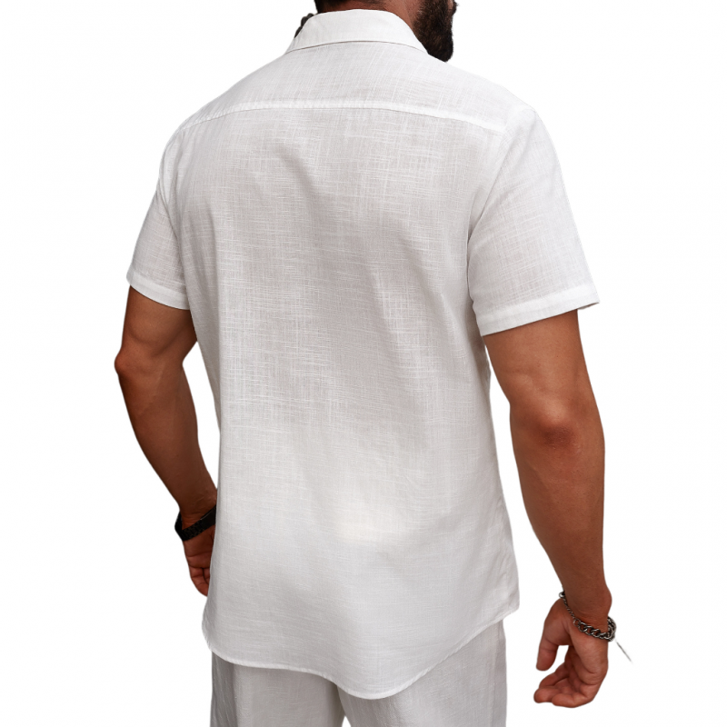 Men's Casual Breathable Linen Lapel Patch Pocket Slim Fit Short Sleeve Shirt MTA2677E4M