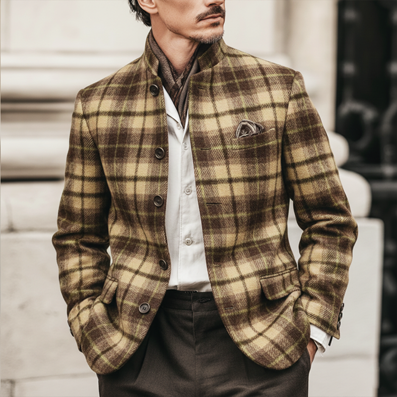 Men's Retro Plaid Stand Collar Double Slit Slim Fit Jacket MTA2296K8U