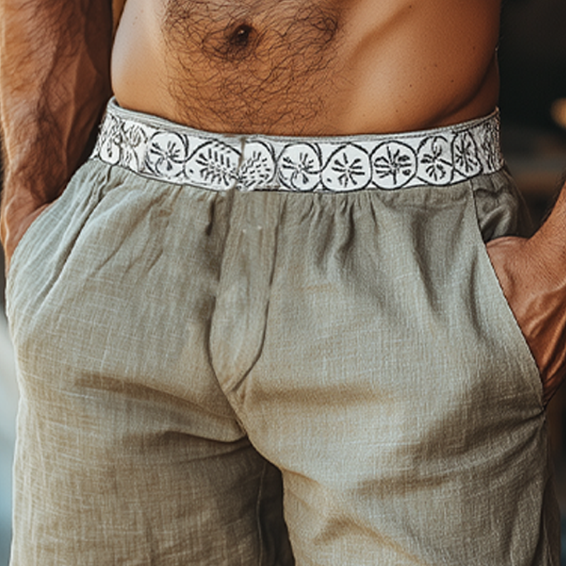 Men's Casual Fashion Waist Printed Cotton And Linen Elastic Waist Shorts MTA0321F2K