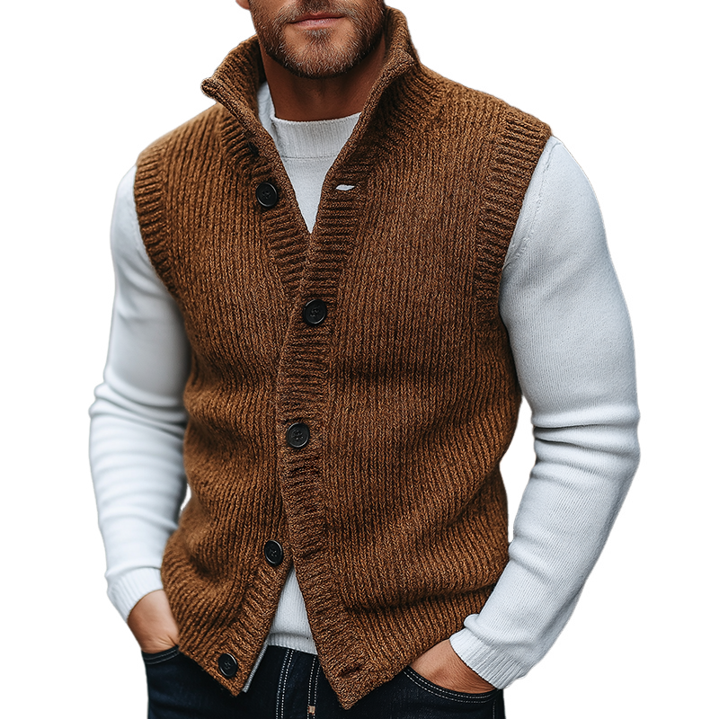 Men's Retro Casual Knitted Stand Collar Button Vest MTA0477K2TO