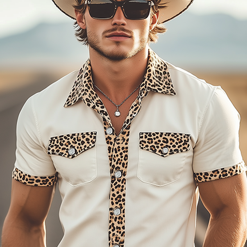 Men's Spring And Summer Classic Casual Retro Western Cowboy Style Cotton Blended Stitching Leopard Print Slim Short-Sleeved Shirt MTA1030E6K