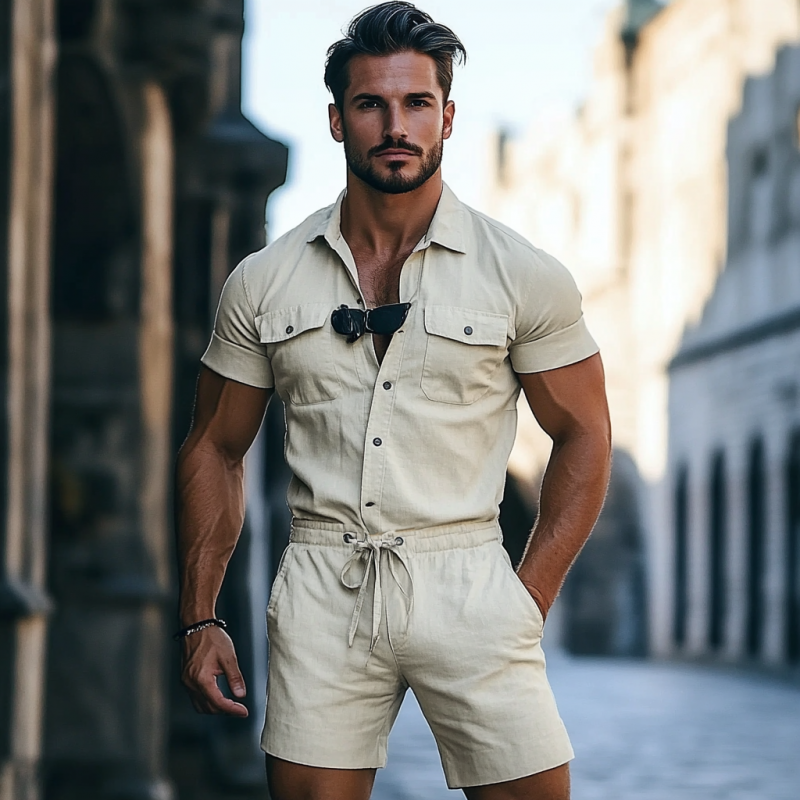 Men's Fashion Lapel Short Sleeve Single Breasted Multi-Pocket Drawstring Shorts Jumpsuit MTA2315F8Y