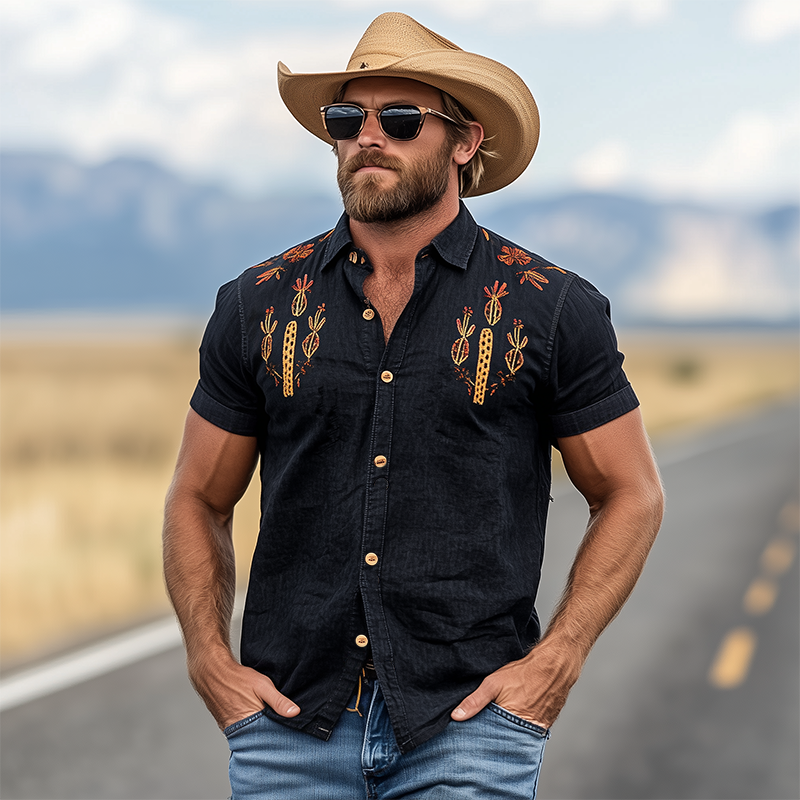 Men's Summer Casual American Retro Western Tough Style Black Washed Thin Denim Cactus Embroidered Slim Short-sleeved Pearl Snap Shirt MTA1040F3K
