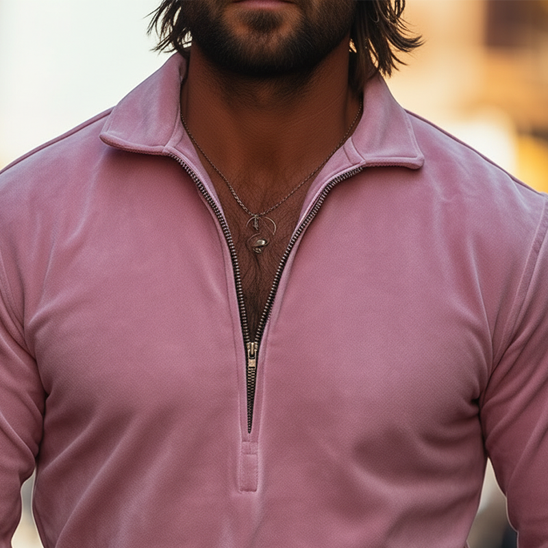 Men's Retro Minimalist Half-Zip Faux Suede T-Shirt MTA1180L7P