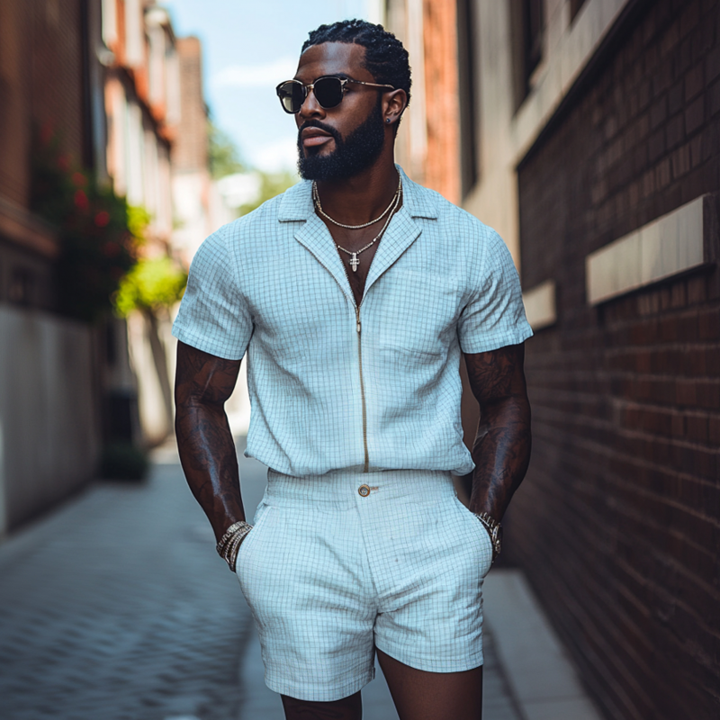 Men's Casual Breathable Cotton Linen Plaid Cuban Collar Zipper Loose Short Sleeve Shirt Suit Shorts Set MTA2026F7M