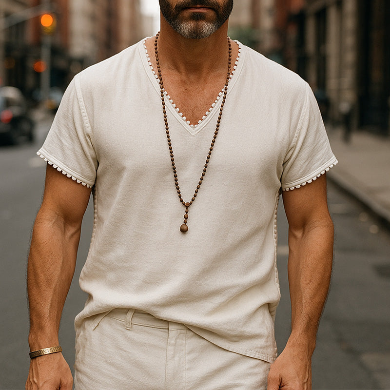 Men's Summer Breathable And Comfortable Linen Lace V-Neck Short-Sleeved T-Shirt MTA2338E1P
