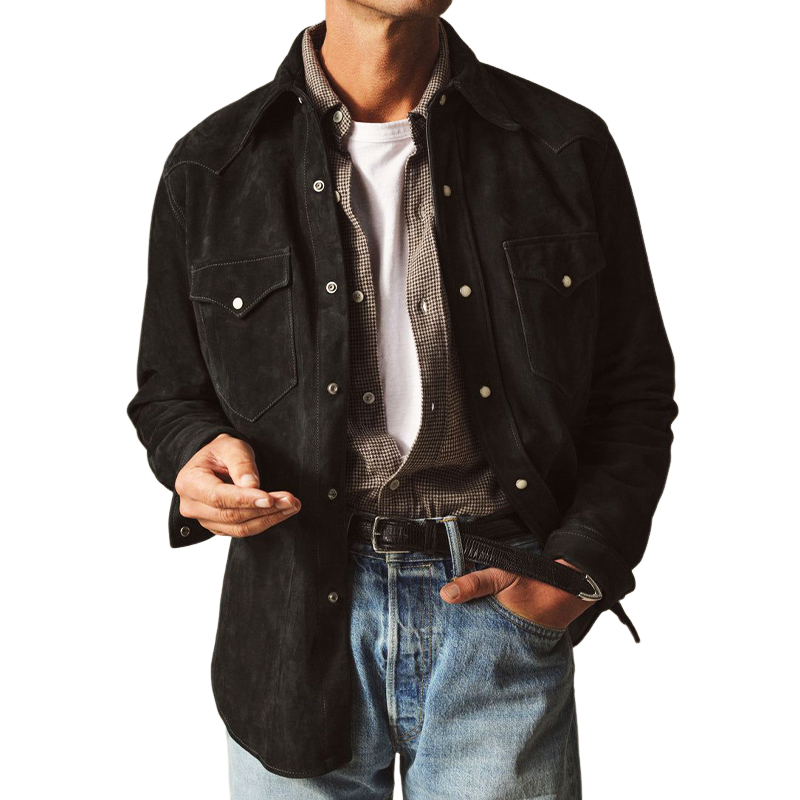 Men's Spring And Autumn Black Suede Long Sleeve Shirt MTA0640H2U