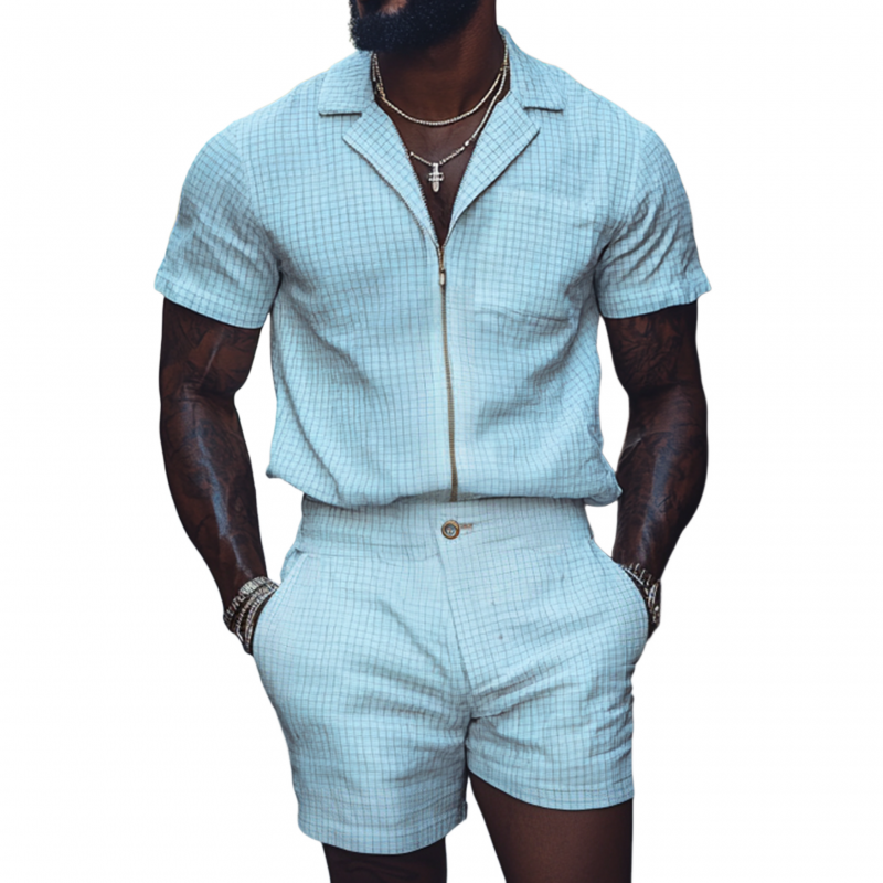 Men's Casual Breathable Cotton Linen Plaid Cuban Collar Zipper Loose Short Sleeve Shirt Suit Shorts Set MTA2026F7M