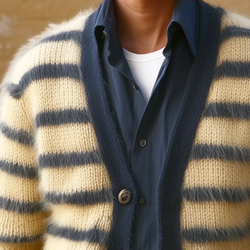 Men's Classic Colorblock Striped V-Neck Plush Knit Cardigan MTA3040H0U