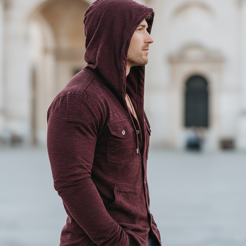 Men's Urban Casual Slub Fabric Hooded Button-Up Sweatshirt MTA2689L4U