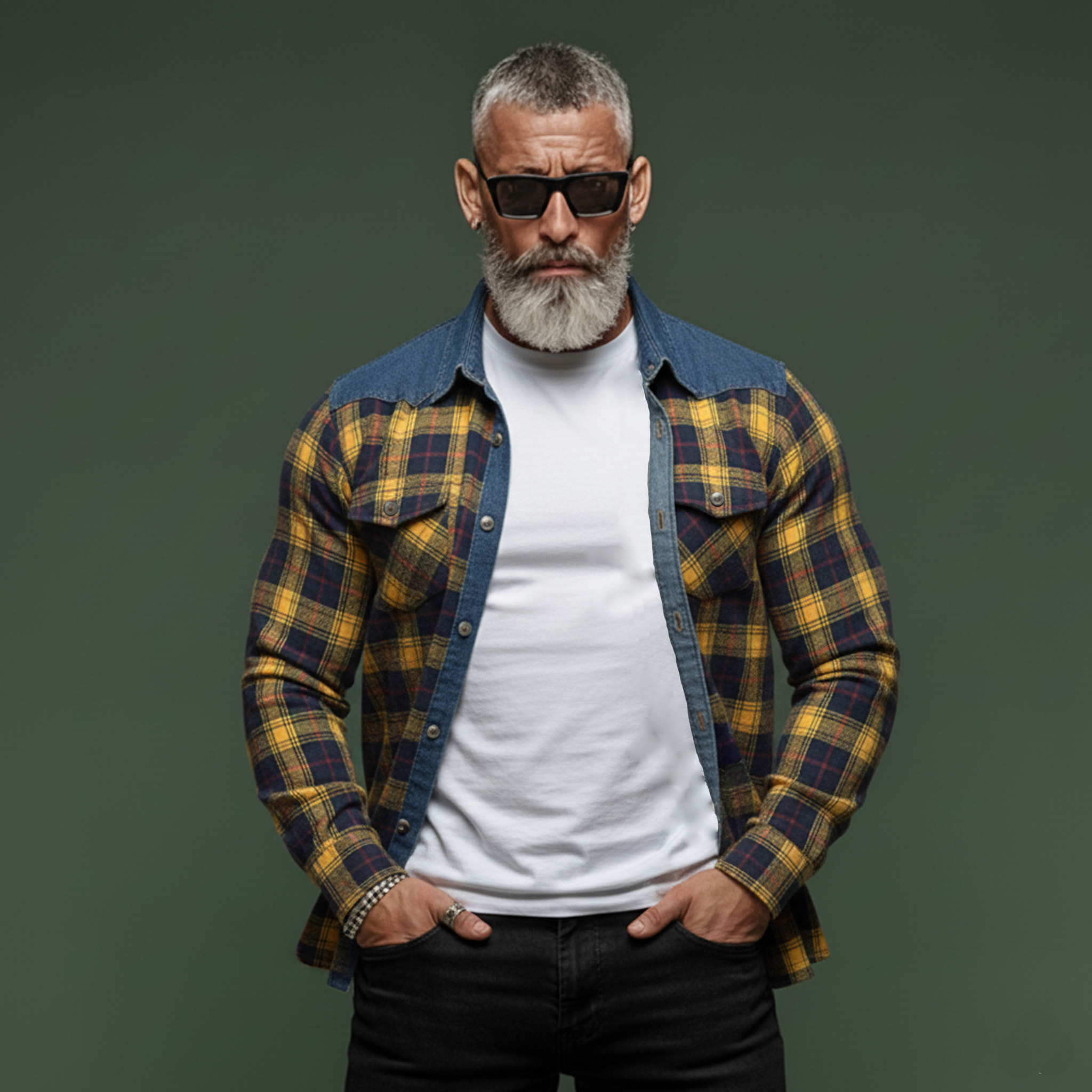 Men's Classic Casual Denim Patchwork Plaid Cotton Blend Long-sleeved Shirt MTA0961L1K