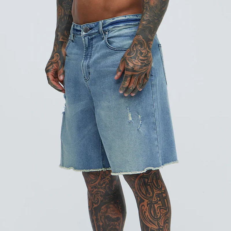 Men's Spring And Summer Classic Casual Washed Denim Raw Edge Shorts MTA0940G0K