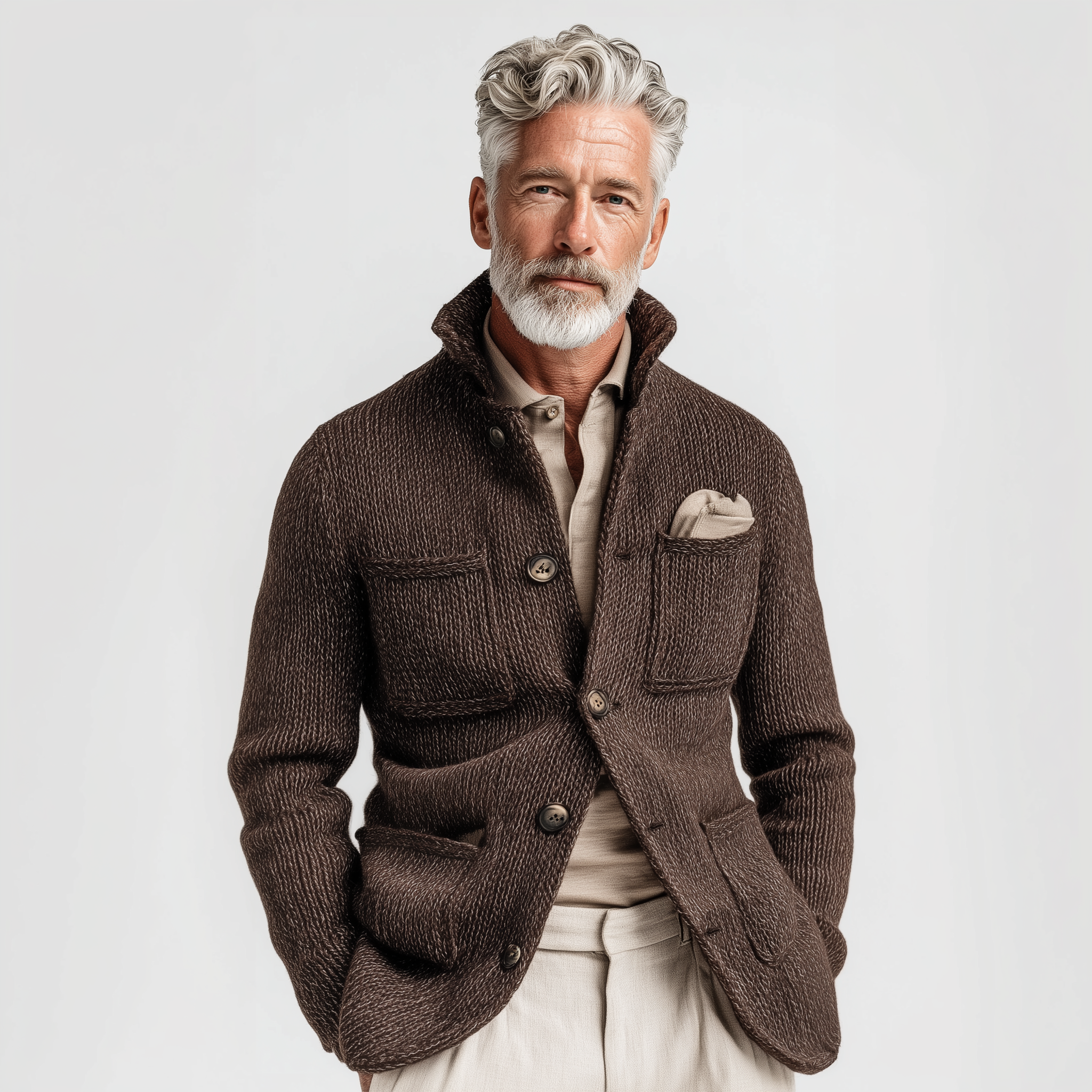 Men's Classic Casual Stand-up Collar Single-breasted Multi-pocket Knit Cardigan MTA3060J2K