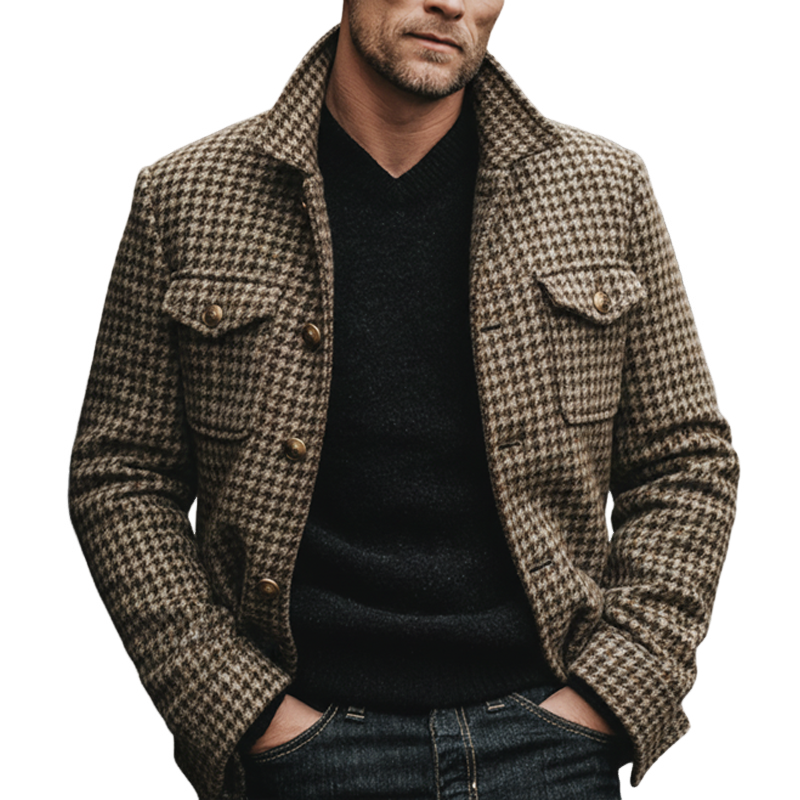 Men's Retro Classic Houndstooth Lapel Faux Wool Jacket MTA3100J0U