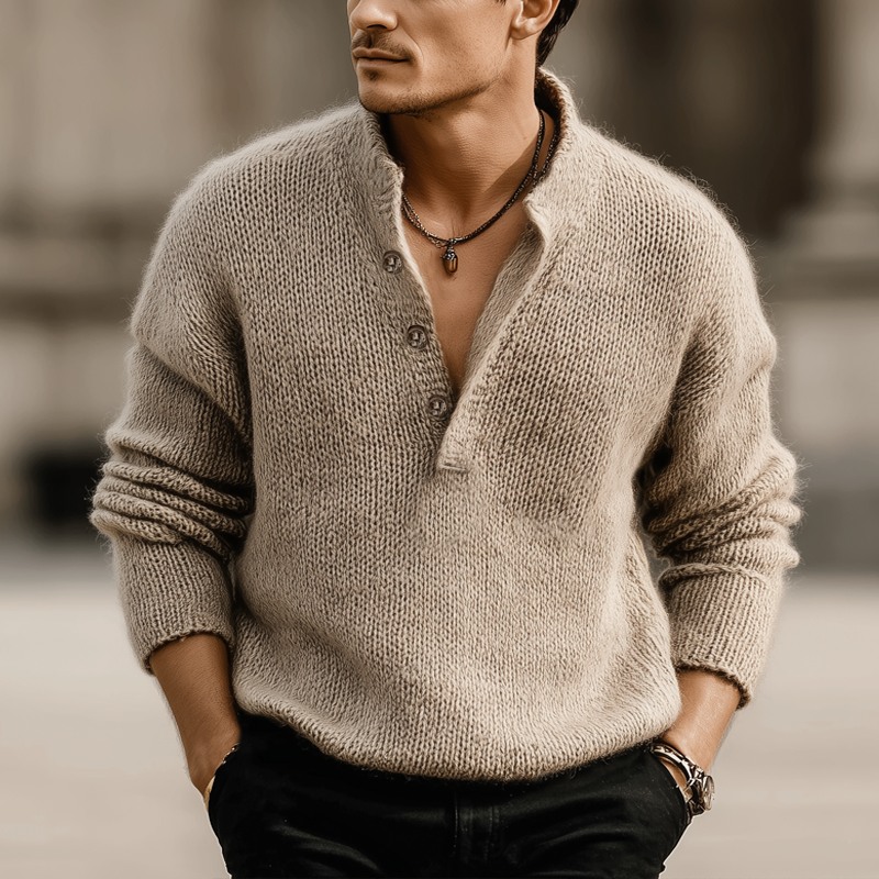 Men's Classic Light Khaki Button-up Stand-collar Knitted Sweater MTA3093K1U