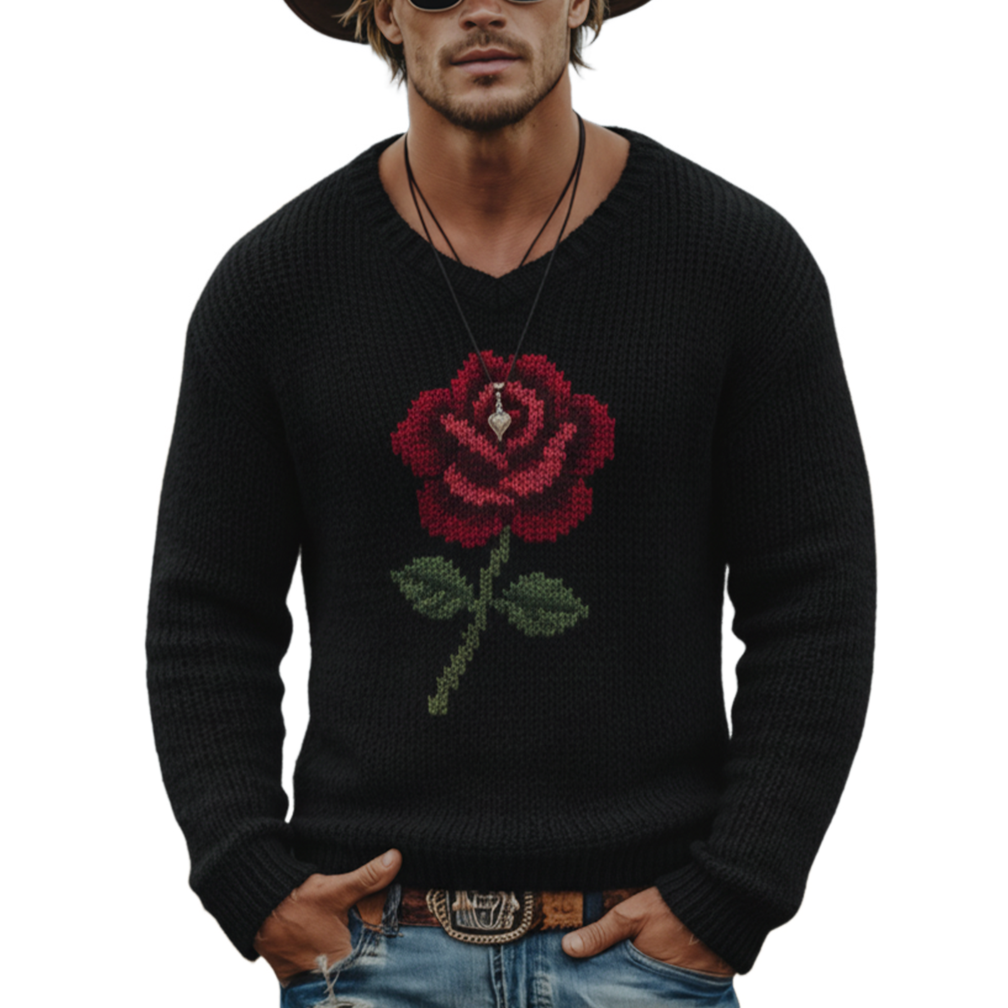 Men's Classic Retro Western Style Rose V-neck Sweater MTA3046K3K