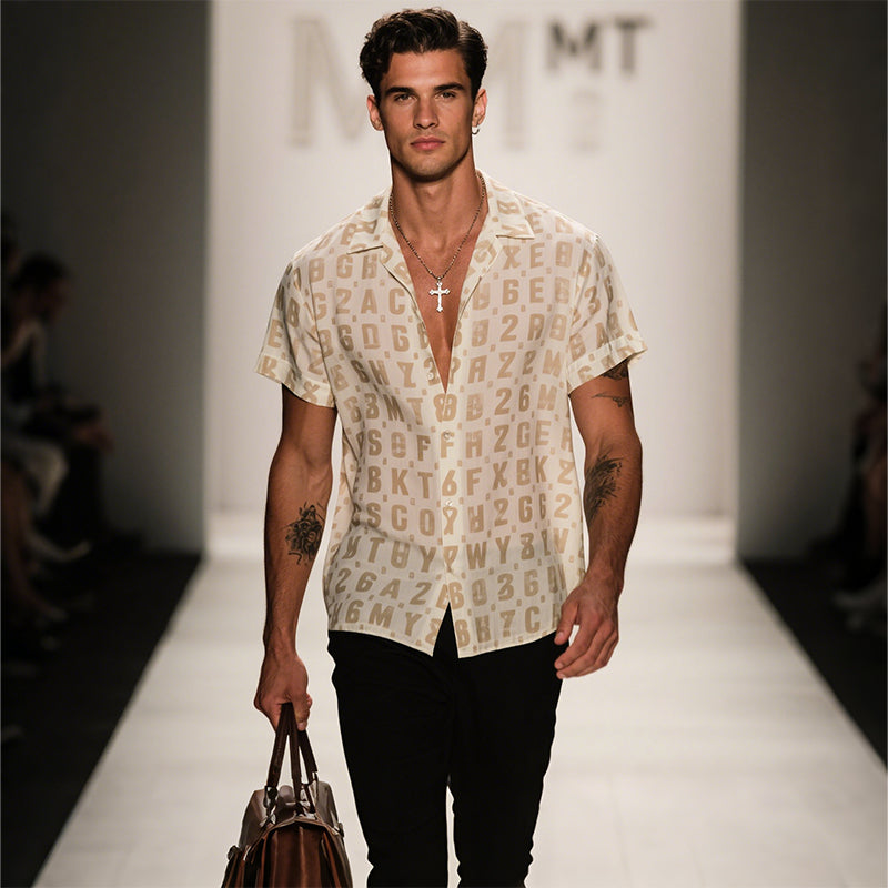 Men's Retro Casual Letter Mesh Printed Lapel Short Sleeve Shirt MTA2949E0TO