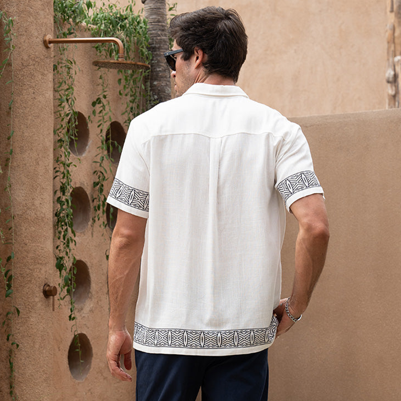 Men's Summer Casual Cotton And Linen Printed Lapel Short-sleeved Shirt MTA0295G2K