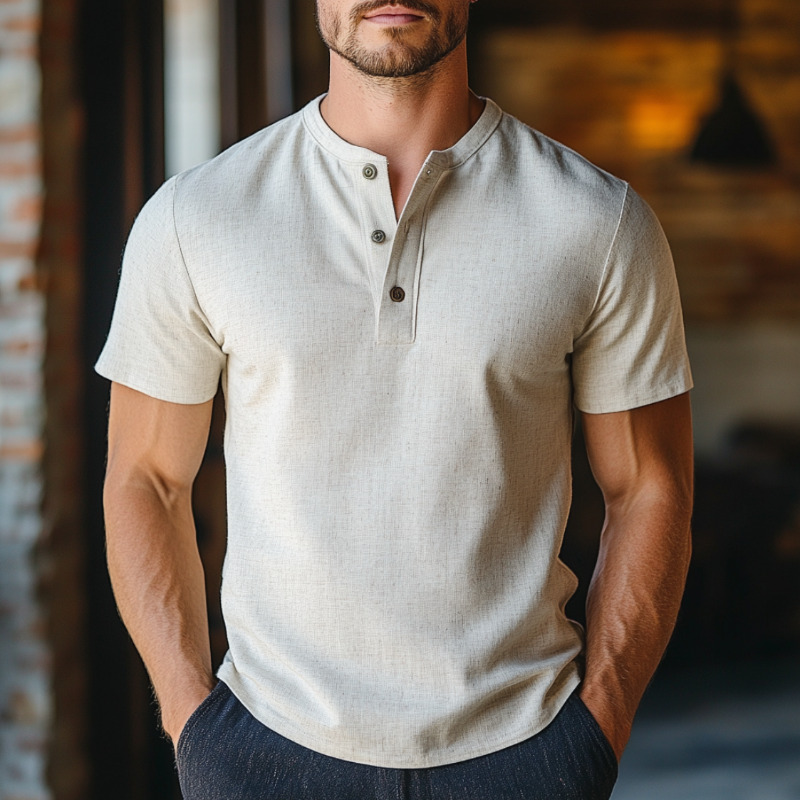 Men's Casual Breathable Linen Blend Henley Collar Slim Fit Short Sleeve Shirt MTA2996D5M