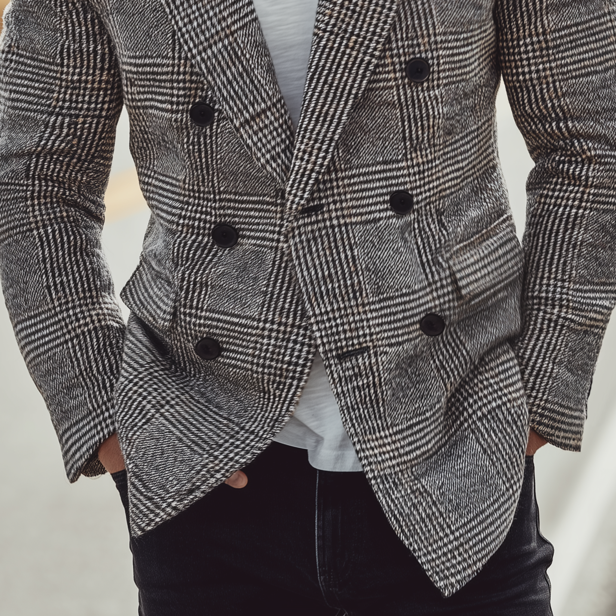 Men's Classic Casual Plaid Wool Fabric Double-breasted Slim-fit Blazer MTA0104I4K