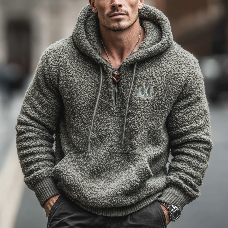 Men's Urban Casual Grey Quarter-zip Fleece Hooded Sweatshirt MTA1530L7U