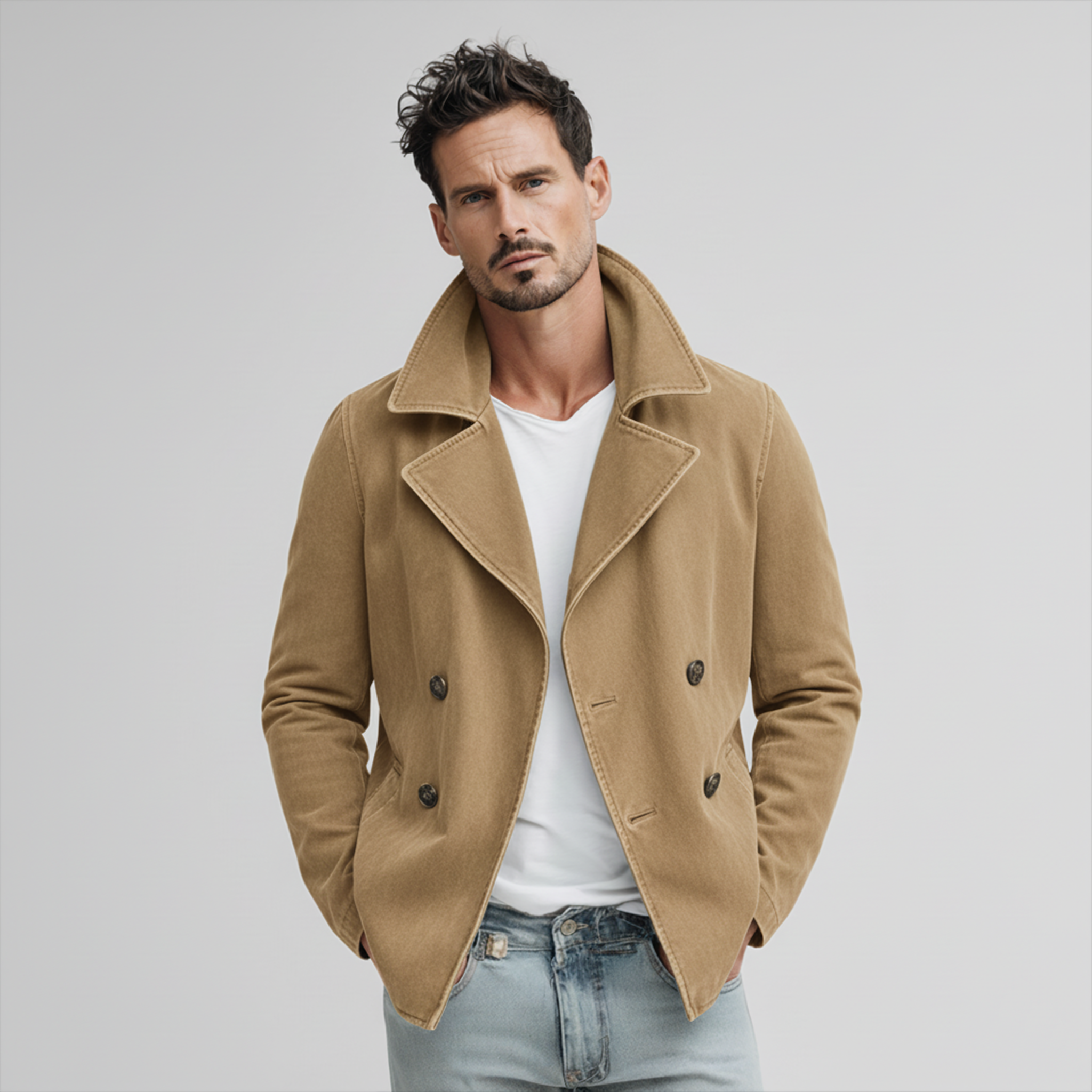 Men's Classic Lapel Washed Cotton Blend Double Breasted Jacket MTA2472J4K