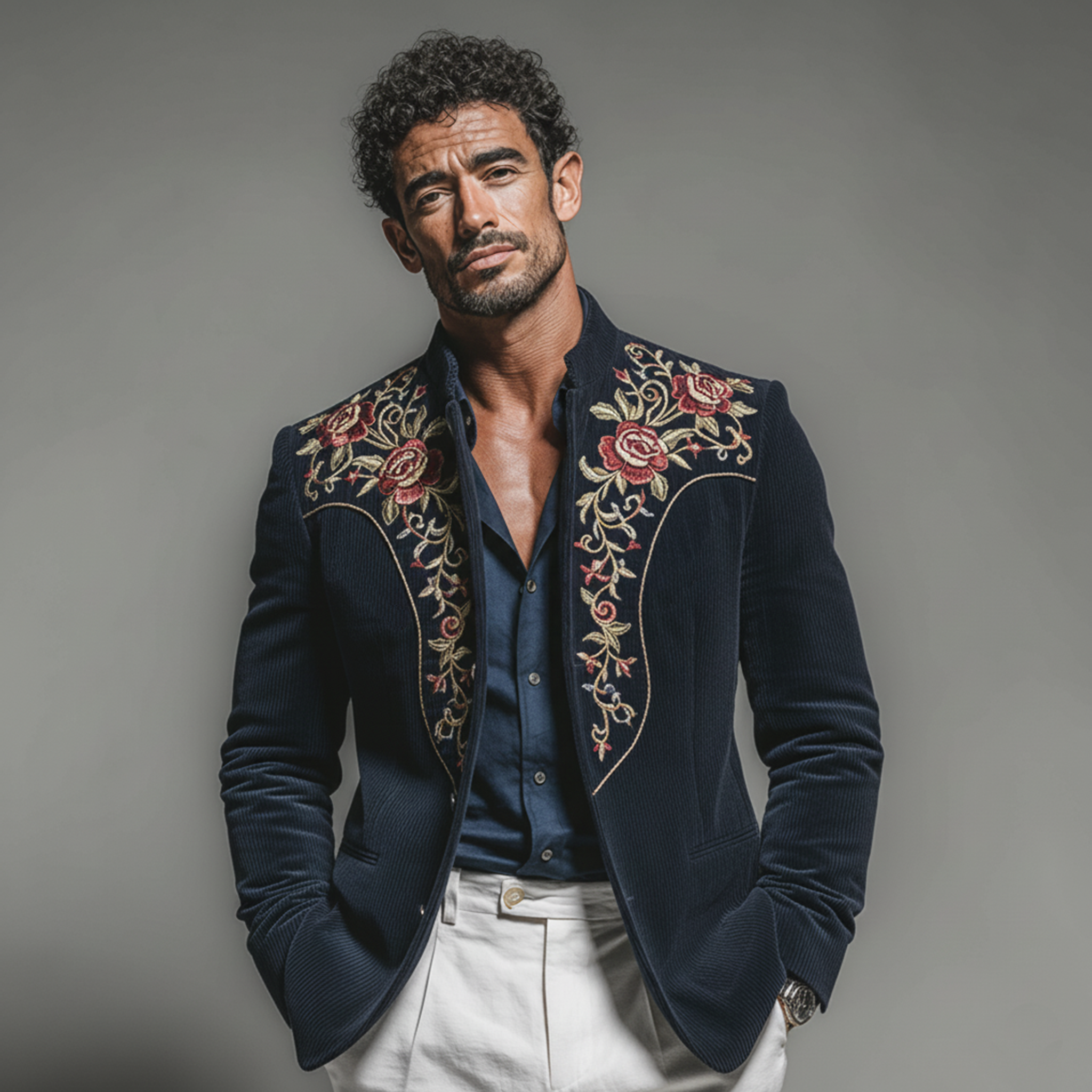 Men's Classic Retro Embroidered Corduroy Stand Collar Single-breasted Jacket MTA2946K9K