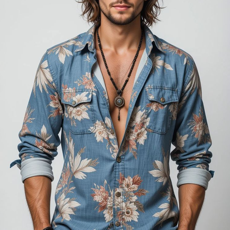 Men's Floral Lapel Chest Pocket Long Sleeve Shirt MTA2229G7Z