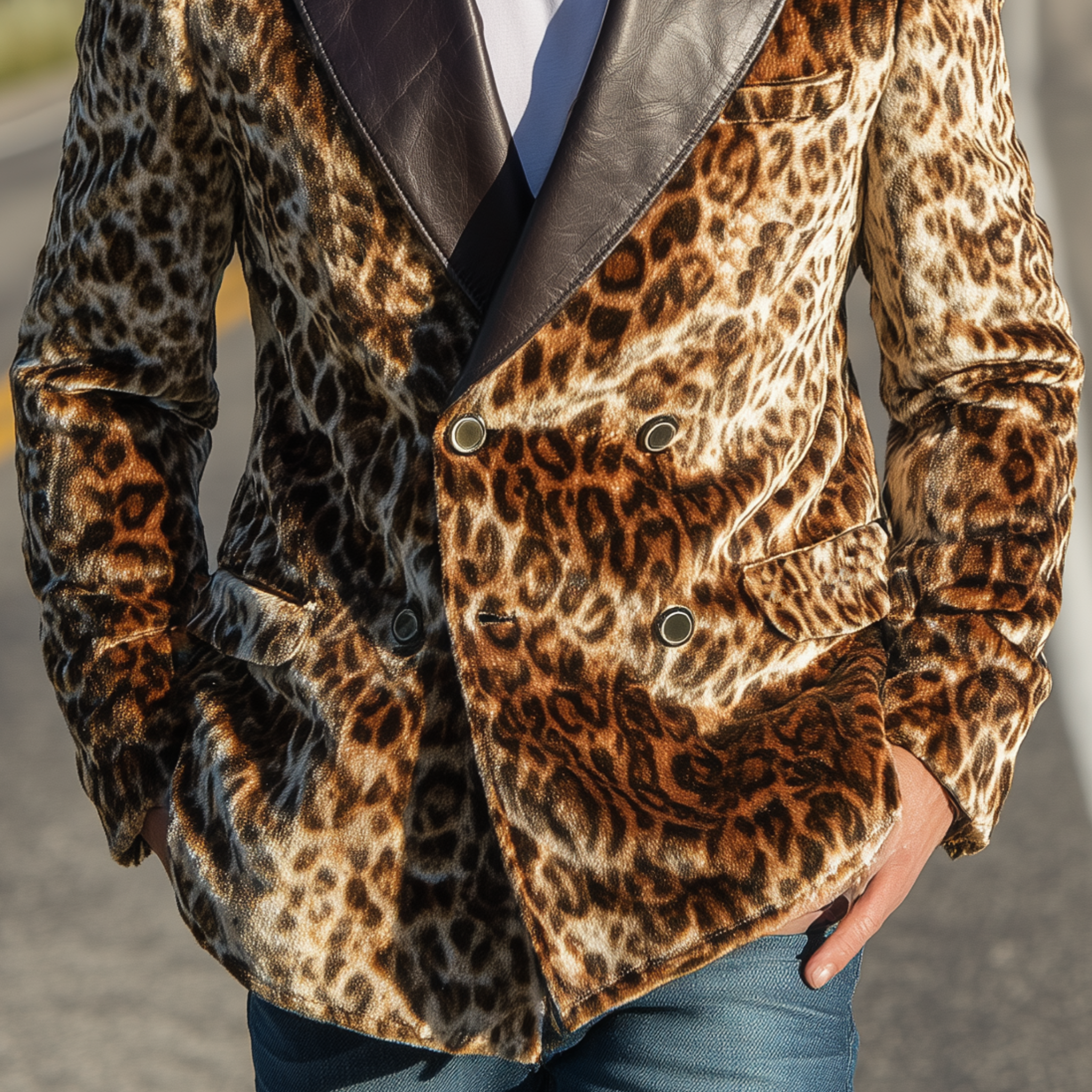Men's Classic Retro Pu Leather Collar Leopard Velvet Double-breasted Blazer MTA0334I0K