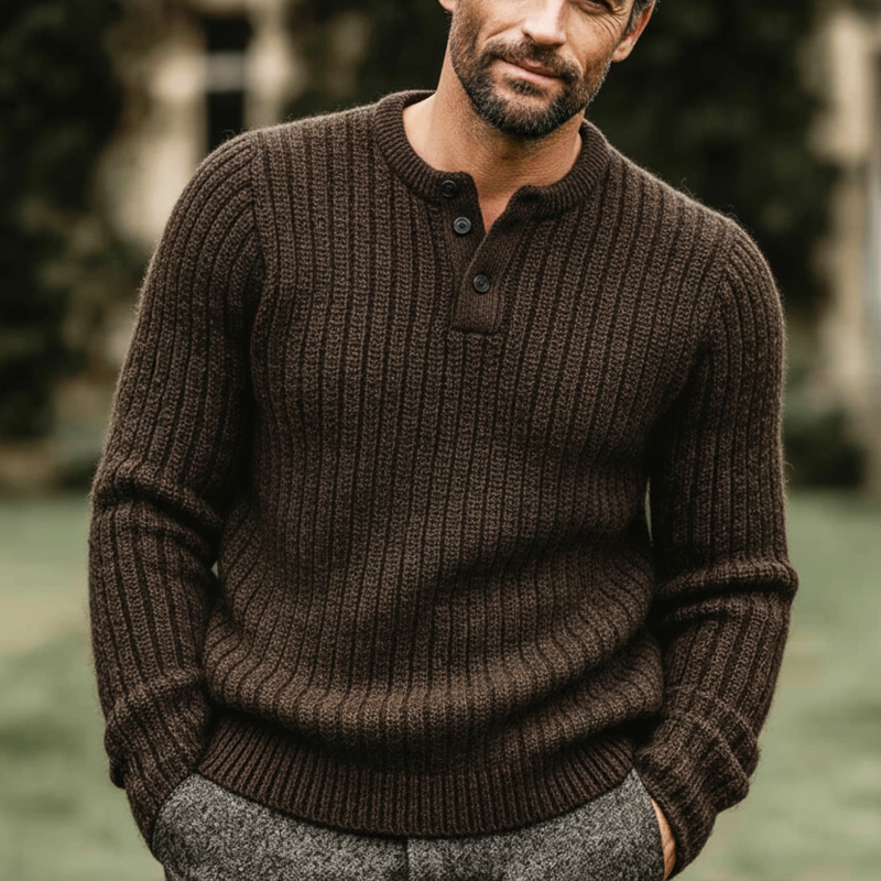 Men's Vintage Brown Three-button Henley Neck Striped Knitted Sweater MTA0844L1U