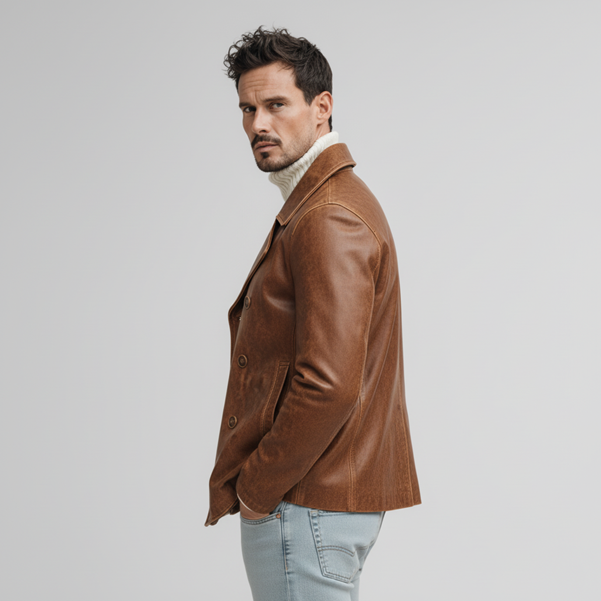 Men's Classic Retro Lapel PU Leather Double-breasted Jacket MTA2231J0K