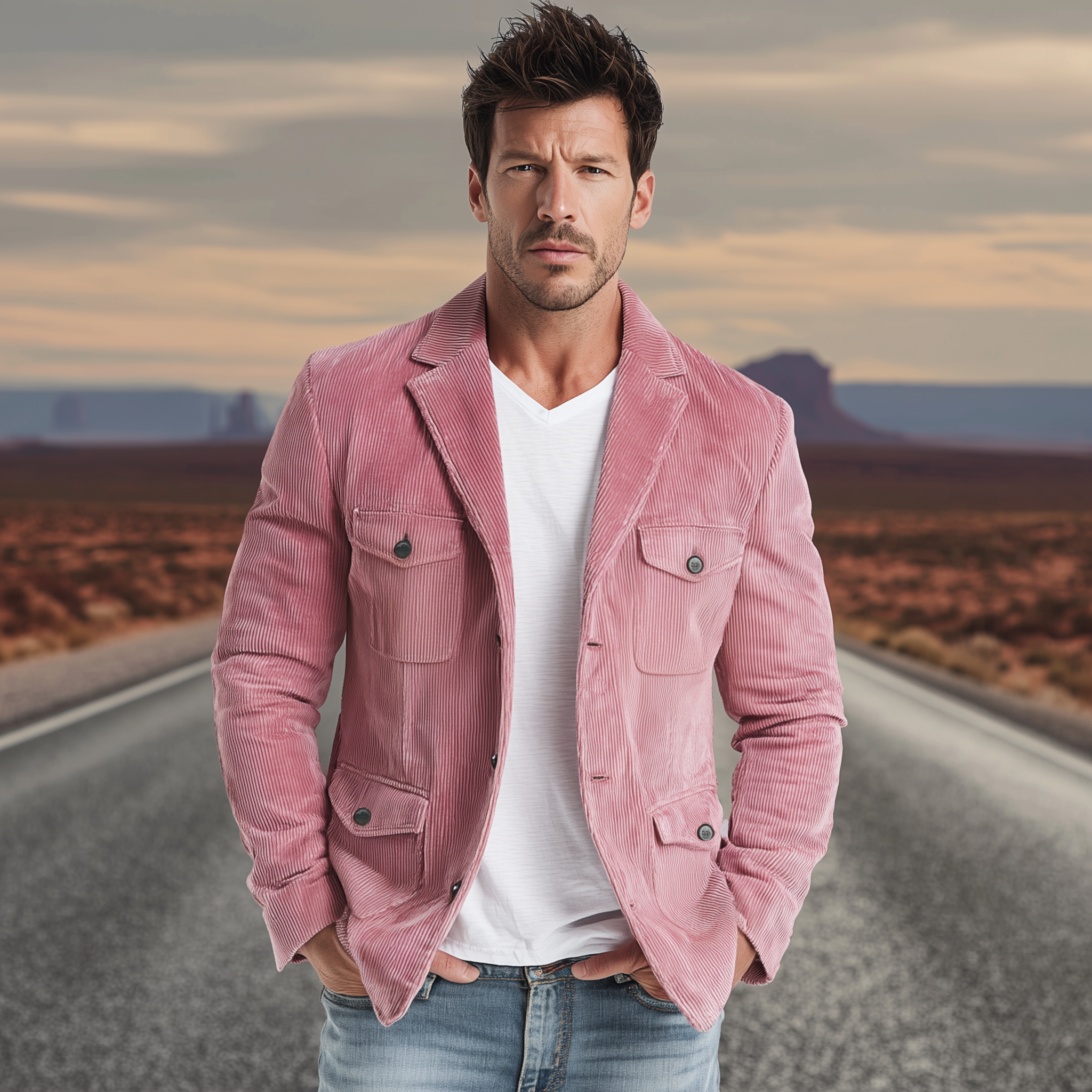Men's Classic Casual Western Style Pink Corduroy Multi-pocket Single-breasted Blazer MTA2535H1K