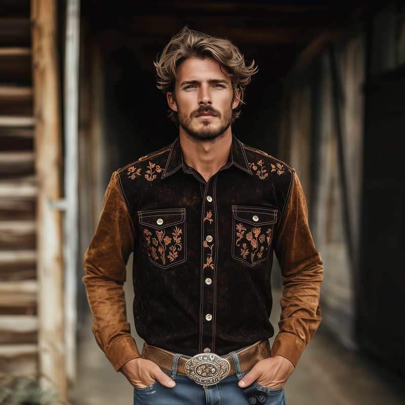 Men's Retro Contrast Color Western Cowboy Floral Embroidered Lapel Shirt MTA2053H7X