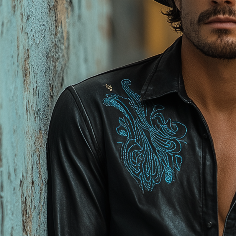 Herreskjorte med brodert, langermet kunstskinn i western-stil MTA2506G1P