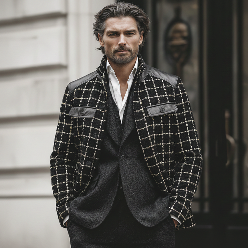 Men's Classic Tweed Plaid Patchwork PU Leather Stand-collar Jacket MTA2449K1U