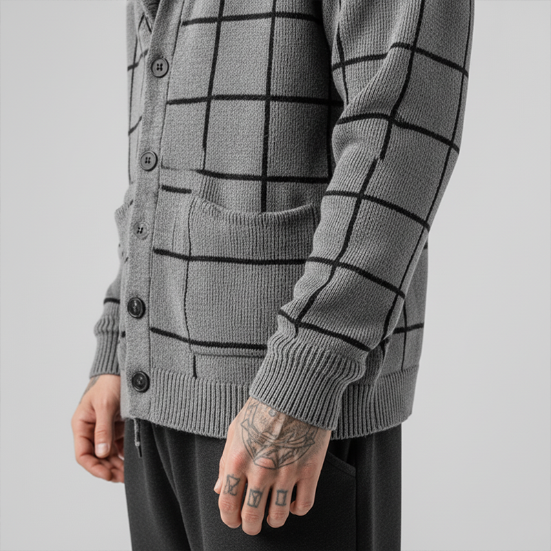 Men's Simple Plaid Cotton Knit Lapel Cardigan MTA1677J1P